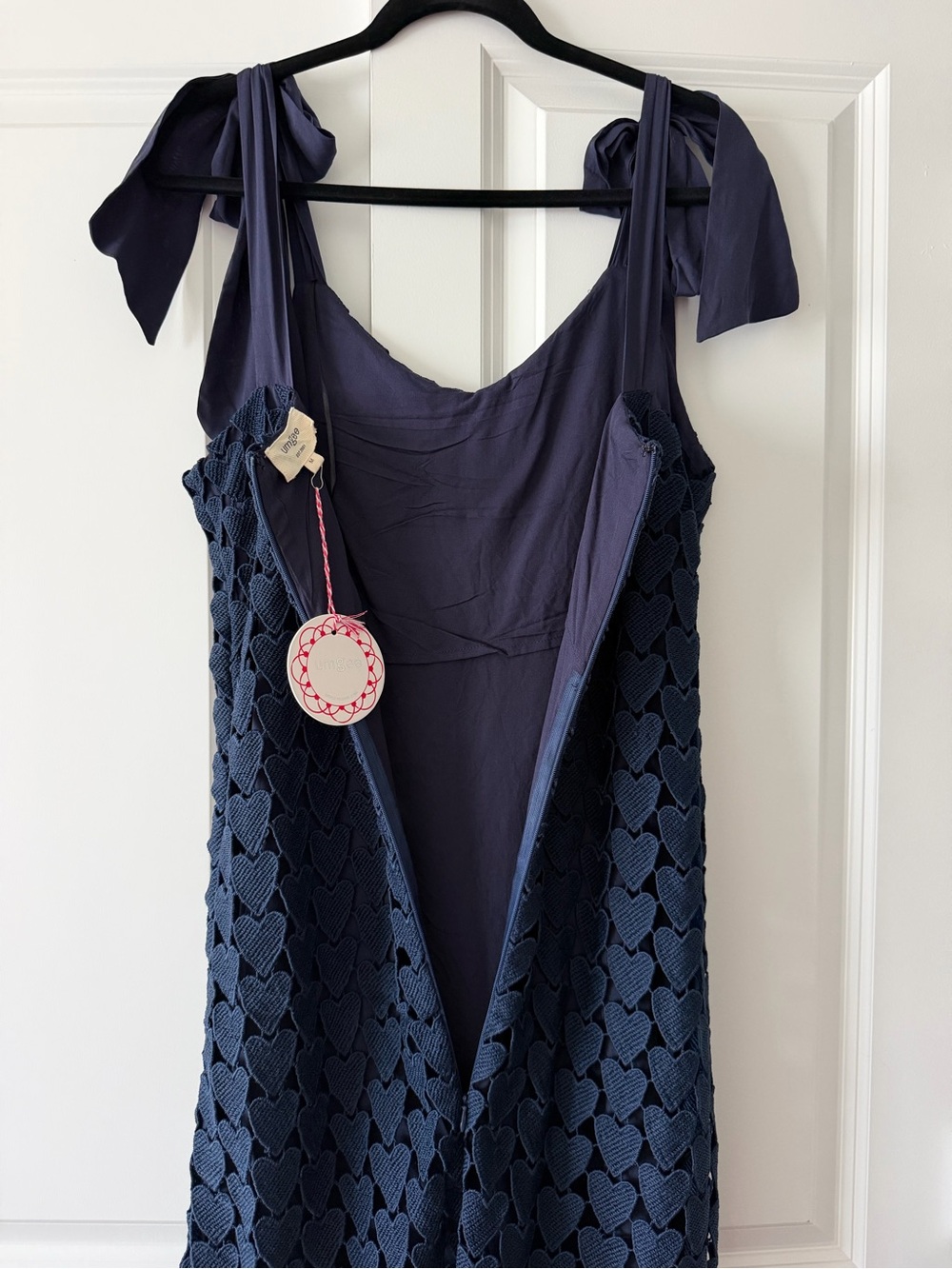 Umgee Navy Heart Shaped Crochet Fringe Maxi Dress Medium Tie Shoulder NWT Boho - Picture 7 of 15